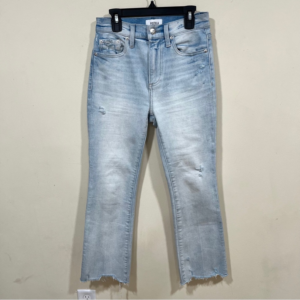 Pistola women's blue distressed kick flare jeans size 24 raw hem ankle EUC - Picture 5 of 8